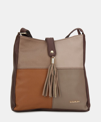 SUGARUSH Women Casual Tan, Brown Leatherette Sling Bag, Brown;tan