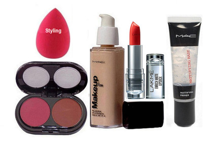 

styling Sponge puff, Mac makeup pro long wear spf 30 foundation, 2 Shade Blusher, Mattifying Base Primer& Lakme 9to5 Enrich Matte Lipstick(Set of 5)