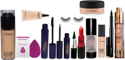 

Professional kit Sponge Puff & Mac Studio Waterweight Foundation & Padma Mascara & Eyeliner & Eyelashes & Stick Kaj & Lady Gaga Lipstick & Select Cover up & Primer & Pro Longwear Concealar & Pen Eyeliner & Loose Powder & Highlighter(Set of 13)