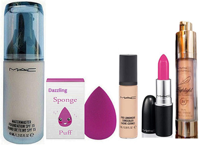 

Dazzling Sponge Puff & Mac Matchmaster Foundation SPF15, Pro Longwear Concealer,Candy Yum-yum Lipstick,Highlighter(Set of 5)