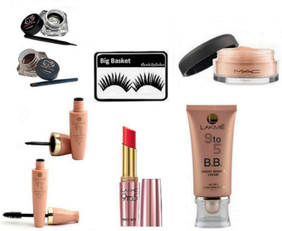 

big basket Eyelashes, Mac Loose Powder,Hello Kitty Liner,9to5 Liner&Mascara,Matte Finish Lipstick & BB Bright-Benefit Cream(Set of 8)