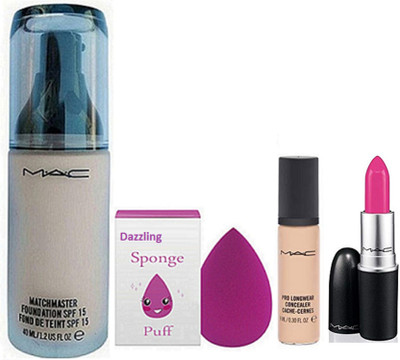 

Dazzling Sponge Puff & Matchmaster Foundation SPF15, Pro Longwear Concealer,Candy Yum-yum Lipstick(Set of 4)