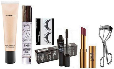 

Pro longwear combo eyelashes , mac select cover-up foundation , 24 hrs perfecting makeup primer , 180 wrap waterproof mascara with absolute argan oil lip color & eyelashes curler(Set of 6)