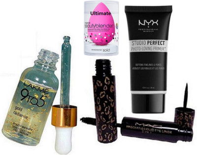 

Ultimate Sponge Puff,Mac Liquid 2 In Eyeliner,Mascara,Nyx Studio Perfect Primer,9 To 5 Gold Radiance Serum(Set of 4)