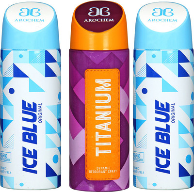 

Arochem ICE BLUE -2 & TITANIUM COMBO DEO DYNAMIC DEODORANT BODY SPRAY - FOR MEN & WOMEN Body Spray - For Men & Women(600 ml, Pack of 3)
