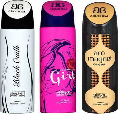 

Arochem BLACK OUDH & ARO MAGNET & GIRL COMBO DEO DYNAMIC DEODORANT BODY SPRAY - FOR MEN & WOMEN Body Spray - For Men & Women(600 ml, Pack of 3)