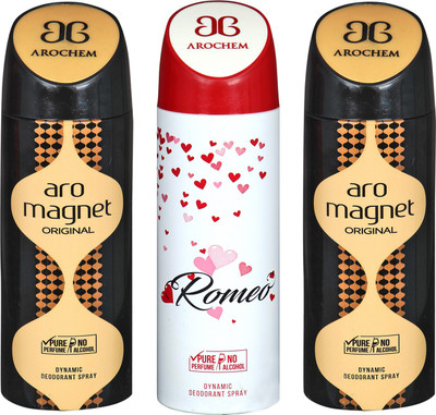 

arochem ARO MEGNET-2 & ROMEO DEO COMBO DYNAMIC DEODORANT SPRAY Body Spray Body Spray - For Men & Women(600 ml, Pack of 3)