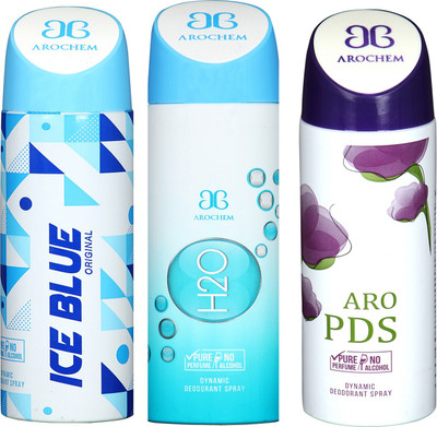 

Arochem ICE BLUE & ARO PDS & H2O COMBO DEO DYNAMIC DEODORANT BODY SPRAY - FOR MEN & WOMEN Body Spray - For Men & Women(600 ml, Pack of 3)