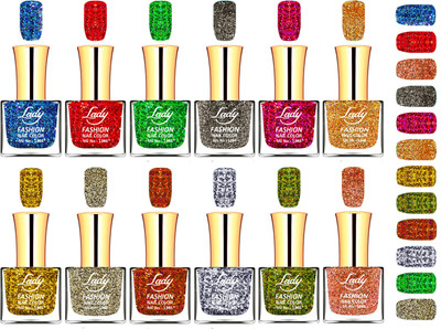 

Lady Fashion Extra Shine Long Wear Durable Glitter Nail Polish Combo Set of 12 Blue, Green, Red, Golden, Silver, Pink, Grey, Black, Peach, Light Green, Yellow, Orange(Pack of 12)