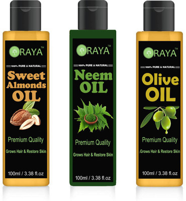 

ORAYA 100% Pure & Natural Sweet Almond OIl And Neem Oil And Extra Light Virgin Olive Oil-300ML-COMBO-PACK OF-3-BOTTLE(300 ml)