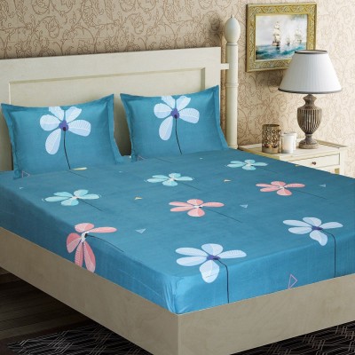 Home Candy 152 TC Microfiber Double Floral Flat Bedsheet(Pack of 1, Blue)