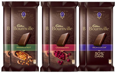 

Cadbury Bournville Dark Chocolate, Pack of 6 ( Rich Cocoa 80g X 2 + Raisin & Nut 80g X 2 + Cranberry 80g X 2) Bars(Pack of 6, 480 g)