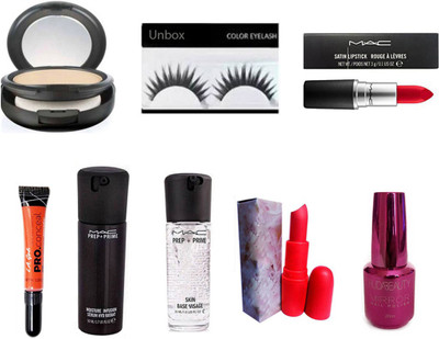 

unbox combo set of eyelashes giambattista lipstick nail paint prep+prime serum and visage compact powder la concealer red lipstick(Set of 8)
