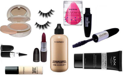 

Divas Beauty Eyelashes With sponge puff Mac face and body foundation and lightful compact, stick Black kajal with Pro Longwear concealer & matte finish long lasting lipstick With Nyx perfect Face Primer Gel and Colorbar Eyeliner And 2 in 1 mascara(Set of 