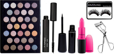 

DAZZLING Eyelashes, Mac 32 shade Eyeshadow Palette, Zoom Lash Mascara, Waterproof Eyeliner, Candy Yum Yum Lipstick, with Eyelashes Curler(Set of 6)