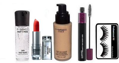

Professional kit Eyelashes&Mac Prep + Primer Skin Base Visage Face Primer,Studio Waterweight Foundation, Lakme 9to5 Enrich Matte Lipstick, Mascara(Set of 5)