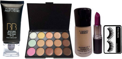 

divas beauty Eyelashes& Mac Concealer Palette 15 Shade, Mineralize Foundation and Matte Finish Lipstick, Prep+Prime BB BEauty Balm Cream Foundation(Set of 5)