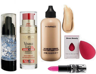 

divas beauty Sponge Puff, Mac Face & Body Fond De Teint Foundation,Brooke Candy Lipstick Shades Pink ,Skin Cavial Primer, L'oreal Paris visible Lift Serum Inside Instant lift Foundation(Set of 5)
