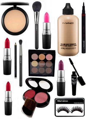 

Marvalous Eyelashes With Mac face and body Foundation,2 Shade Blusher With 9 shades Eye shadow Palette,Pen Eyeliner & 2 makeup Brush & Matte Finish Long Lasting Lipsticks 4 shades & Studio Fix Compact, Pencil kaj. with 180 wrap mascara(Set of 14)