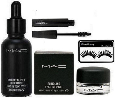 

Divas Beauty Eyelashes And MAC Hyper real Foundation, Fluidline Eyeliner, mascara(Set of 4)