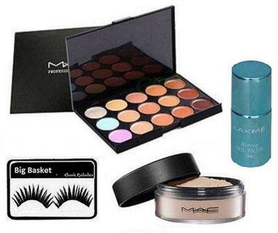 

big basket Eyelashes, 15 shade concealer palette, Mac Loose powder,Nail polish(Set of 4)
