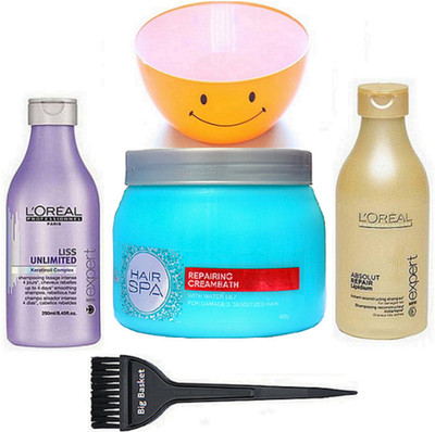 

big Basket Hair Brush, Loreal PROFESSIONNEL REPAIRING HAIR SPA WITH ABSOLUT & LISS UNLMITED SHAMPOO Pack Of 2 ,Bowl(Set of 5)
