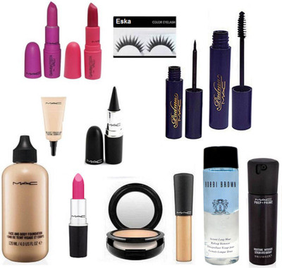 

eska Eyelashes, Mac Face and Beauty Foundation,Pro Longwear Concealer,Select Cover-up,Candy Yum-yum Lipstick,Gaimbattista Lipstick2, Studio Fix Compact,Padma Eyeliner,Mascara,Kajal,Serum & Bobbi Brown Liquid Makeup Remover(Set of 13)