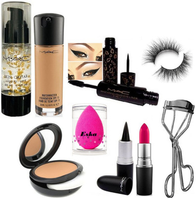 

Eska Sponge Puff & Mac Skin Caviar Primer & Matchmaster Foundation & 2 IN 1 Eyeliner+Mascara & Studio Fix Compacat & Stick Kajal &Candy Yum Yum Lipstick & Eyelashes Curler With Eyelashes(Set of 9)