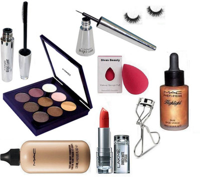 

divas beauty Eyelashes, Mac 9 Shade Eye Shadow Palette With Brook Candy Eyeliner & Mascara & Lakme Enrich Long Lasting Matte Finish Lipstick,Face &Body Foundation,Highlight,Curler(Set of 9)