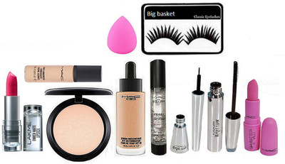 

big Basket Eyelashes , Spounge Puff , Studio fix Compact , Studio Waterweight Foundation , Pro Long Wear Conceler , Perl Gel Primer , Brook Candy Eyeliner And Mascara , Enrich Lipstick , Pink Lipstick(Set of 10)