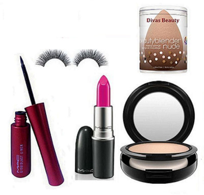 

divas beauty Sponge Puff & Mac Eyeliner & Lipstick & Compact & Eyelashes(Set of 5)