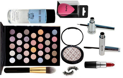 

styling Sponge Puff, Mac 32 Multi Color Eyeshadow Palette, Eyelashes, Brooke candy Eyeliner & Mascara, Matte Finish Lipstick, Illuminator, Makeup Brush, Bobbi Brown Instant Long Wear Makeup Remover(Set of 9)