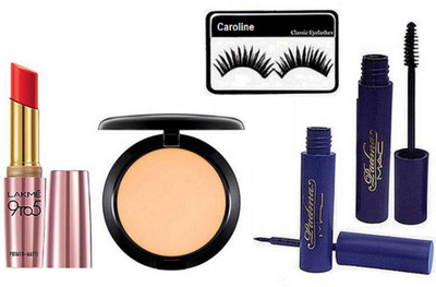 

caroline Eyelashes, MAC Prep + Prime BB Beauty Balm Compact SPF 30& Padma Eyeliner, Mascara& Lakme 9to5 Primer-Matte lipstick(Set of 5)