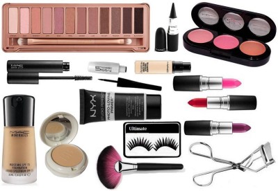 

Ultimate Eyelashes With Mac mineralize Foundation & BB Compact,Pro Longwear Concealer,Zoom Lash Mascara,Liquid Eyeliner,Stick Kajal,3 Shade Blusher & matte Finish Long Lasting Lipstick 3 Diffrent Shades & Eyelashes Curler & Makeup Brush,NYX Primer,Naked 3