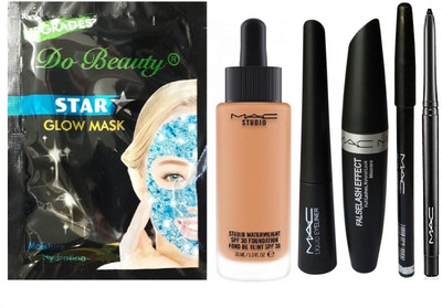 

Do Beauty Star Glow Mask + Mac Waterweight Foundation + Eyeliner+Mascara+ Pencil+Kajal Kit(Set of 6)