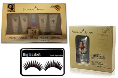 

big Basket Eyelashes , Shahaz Husain Glod facial kit , face And Under Eye Night Nourishing Plan(Set of 3)