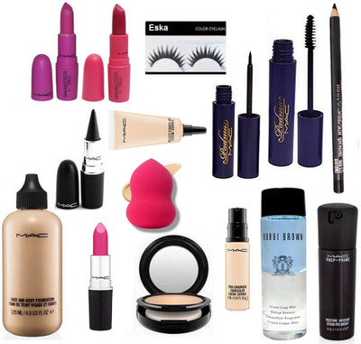 

eska Eyelashes, Mac Face And Beauty Foundation,pro Longwear Concealer,select Cover-up,candy Yum-yum Lipstick,gaimbattista Lipstick2, Studio Fix Compact,padma Eyeliner,ma0scara, Stick kajal,serum,Pencile Kajal,Sponge Puff & Bobbi Brown Liquid Makeup Remove