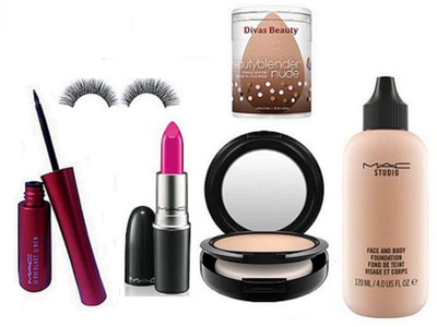 

divas beauty Sponge Puff & Mac Eyeliner & Lipstick & Compact & Foundation & Eyelashes(Set of 6)