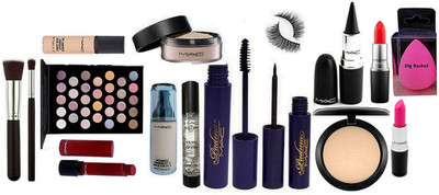 

big Basket Spounge Puff , Eyelashes , 32 Shades Eye Shadow Platte , Studio Fix Compact , Loose Powder ,Pro Long Wear Conceler , Liptencity Lipstick , MAkeup Brush Set of 2 , Matchmaster Foundation , Padma Eyeliner And Mascara , Matte Finish Pink And Orang