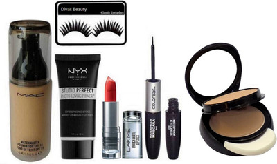 

divas beauty eyelashes,mac matchmaster liquid foundation & NYX photo-loving Face Primer & lakme enrich matte finish lipstick & colorbar 2 in 1 eyeliner with mascara, Two Way Compact(Set of 6)