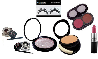 

Ultimate Eyelashes, Mac Two Way Compact, Hello Kitty Two Eyeliner, Illuminator, Matte Finish Lipstick, 2 Shades Blusher(Set of 7)