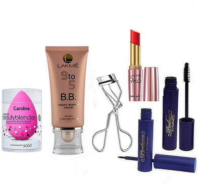 

caroline Sponge puff, Mac Padma Liquid Last Liner and Mascara, Lakme 9to5 BB Bright Benefit Cream, 9to5 Primer-Matte Lipstick& eyelashes curler(Set of 6)