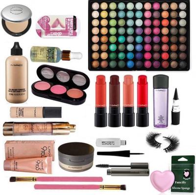 

fancify Silicon Puff With Mac 88 Shades Eyeshadow palette,Liptensity lipstick Pack Of 5,face Loose powder,Prep+prime highlight,Pro Eye Makeup Remover,Liquid Eyeliner & Zoom Lash Mascara,Pro longwear Concealer,Compact,Face And Body Foundation,3 Shade blush