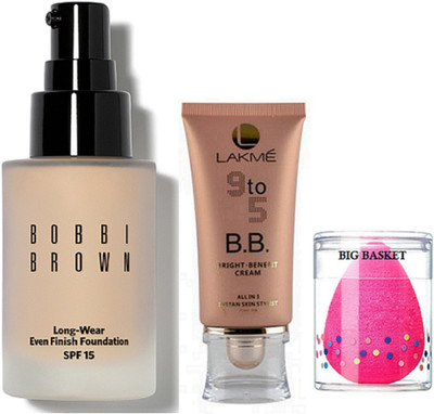 

big Basket Sponge puff , 9 to 5 B.B. bright benefit all in 1 instant skin stylist Cream with bobbi brown long wear foundation(Set of 3)