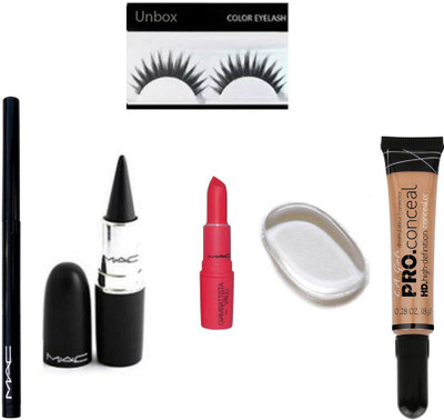 

unbox combo set of eyelashes eyebrow pencil kajal giambattista lipstick silicon puff la concealer(Set of 6)