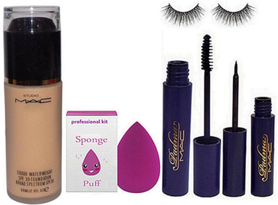 

Professional kit Sponge Puff & Mac Studio Waterweight Foundation & Padma Mascara & Eyeliner & Eyelashes(Set of 5)