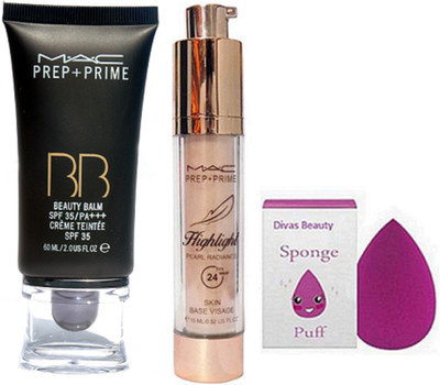 

divas beauty Sponge Puff With Mac Prep+Prime Highlighter, Prep+Prime BB BEauty Balm Cream Foundation(Set of 3)