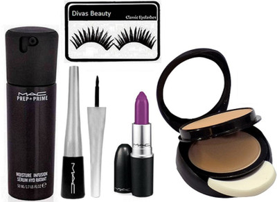 

divas beauty Eyelashes,Mac Prep+Prime Moisture Infusion Serum , MAc Purpal Lipstick, Super Slick Liquid Eyeliner, Two Way Compact(Set of 5)