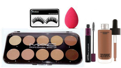 

brutus Eyelashes ,Professitional Makeup Cream Concealer 10 shade palette ,Studio Waterweight Liquid Foundation , Haute Naughty Mascara , Sponge Puff(Set of 5)