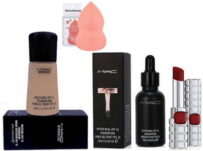 

divas beauty Sponge Puff,Mac Mineralize Moisture Liquid Foundation With Hyper Real SPF 15 Foundation, Shine Lipstick(Set of 4)